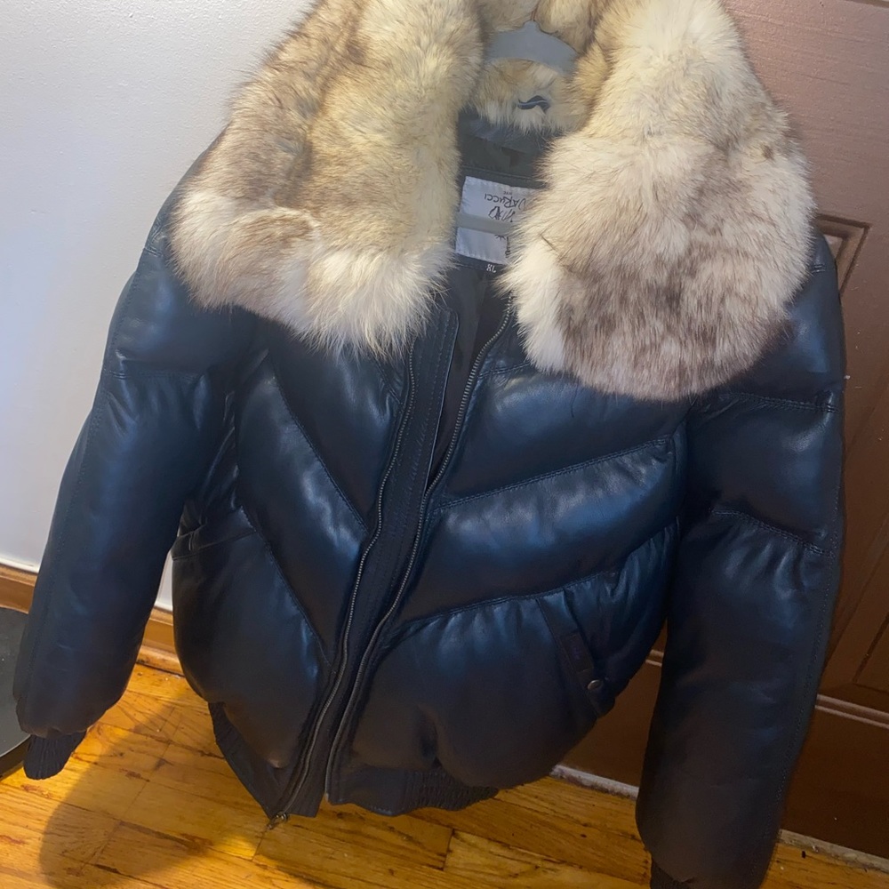 Navy blue leather bomber jacket with removable fur